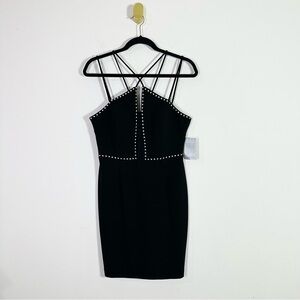 Xscape Black Silver Studded Spaghetti Strap Halter Mini Cocktail Dress NWT